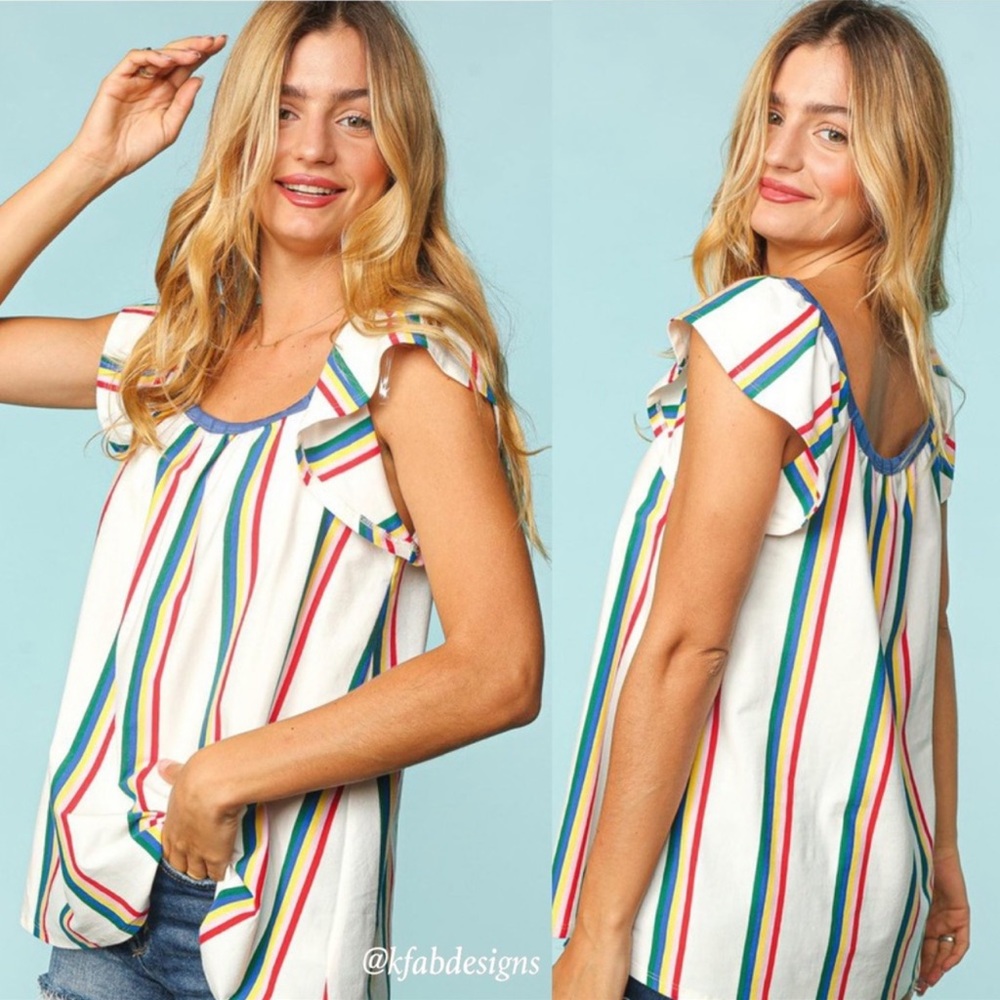 B121⭐️Gorgeous striped top w/ruffle sleeve+lower round neck⭐️Perfect desk2date⭐️